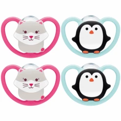 NUK Schnuller Space Gr. 2, 6 - 18 Monate Silikon Katze/Pinguin, 4 Stück