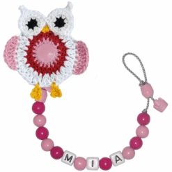 Schnullireich Schnullerkette Mit Namen Häkel-Eule Rosa